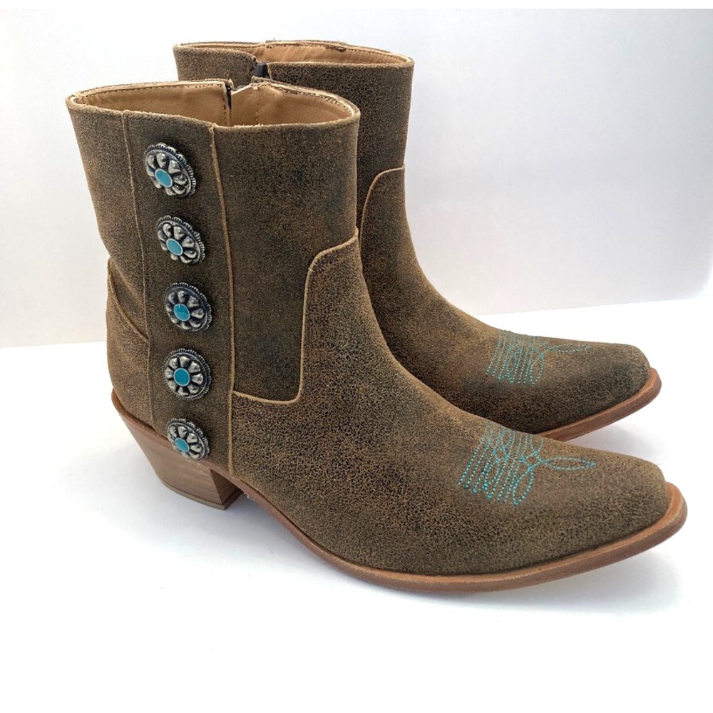 Agave Sky Cait Conchos‎ Ankle Boot Brown Suede Leather Turquoise Womens 9M